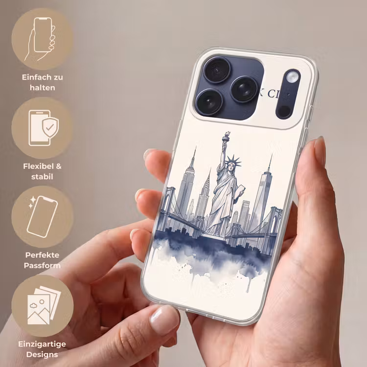 New York - Vrijheidsbeeld - Skyline - Illustratie - Blauw Telefoonhoesje iPhone 17 Pro klein -sfeer3_DE