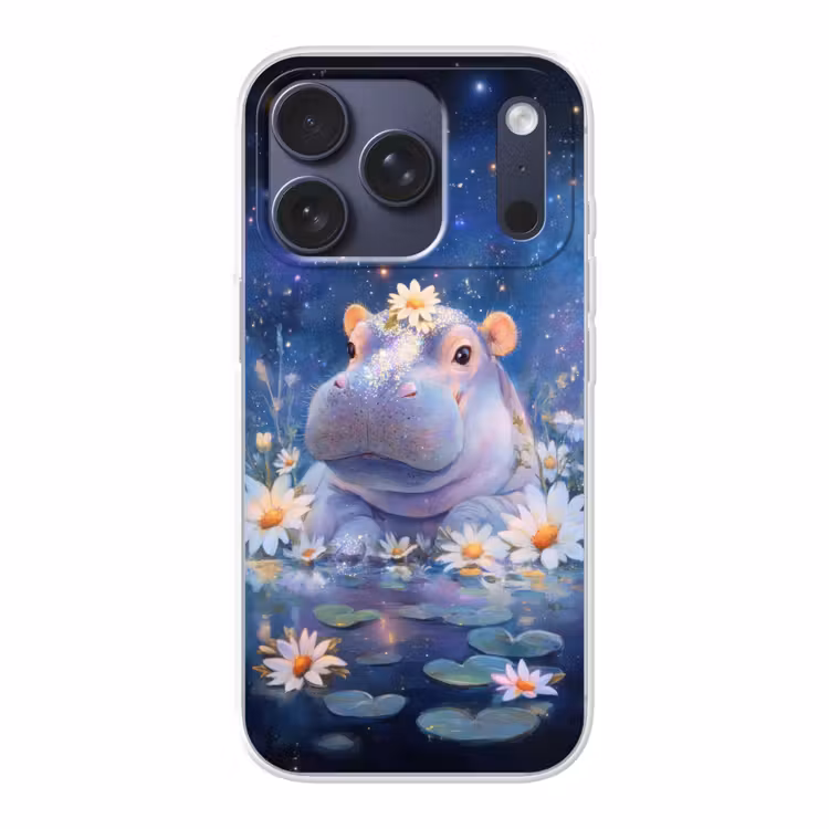 Nijlpaard - Madeliefjes - Sterrenhemel Telefoonhoesje iPhone 17 Pro klein -3d