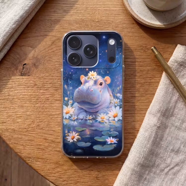 Nijlpaard - Madeliefjes - Sterrenhemel Telefoonhoesje iPhone 17 Pro klein -sfeer1