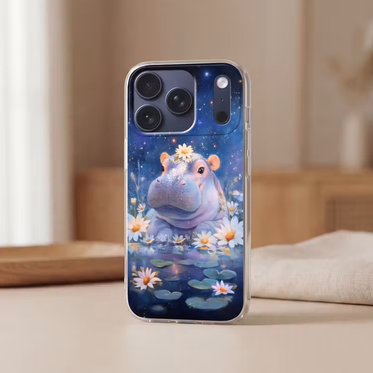 Nijlpaard - Madeliefjes - Sterrenhemel Telefoonhoesje iPhone 17 Pro klein -sfeer2