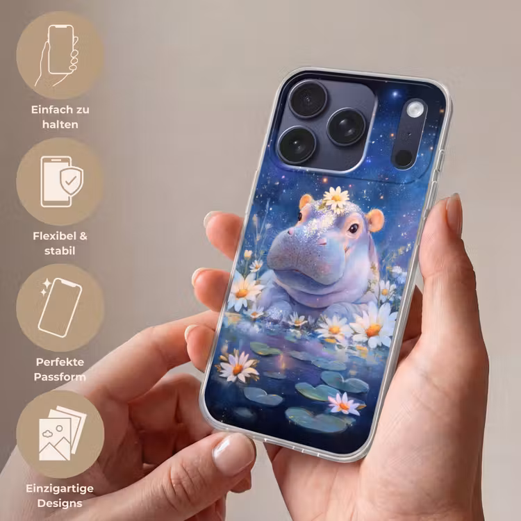 Nijlpaard - Madeliefjes - Sterrenhemel Telefoonhoesje iPhone 17 Pro klein -sfeer3_DE