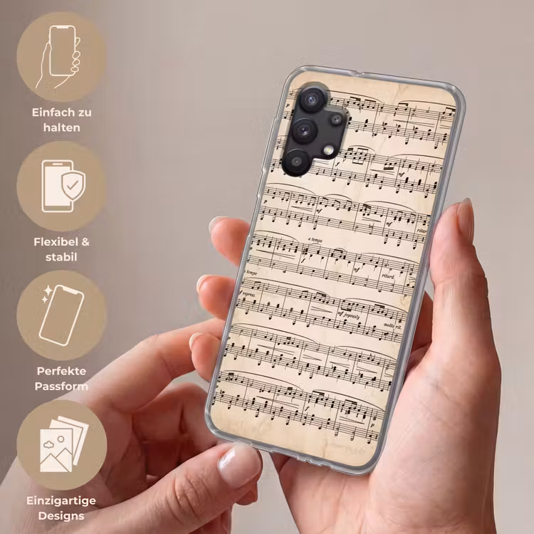 Muzieknotatie - Notenbalken - Kunst - Klassiek - Beige Telefoonhoesje Samsung Galaxy A32 5G klein -sfeer3_DE
