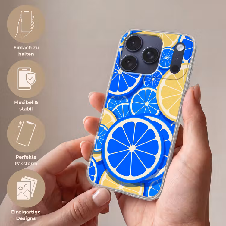 Fruit - Schijven - Patroon - Modern - Blauw - Geel Telefoonhoesje iPhone 17 Pro klein -sfeer3_DE