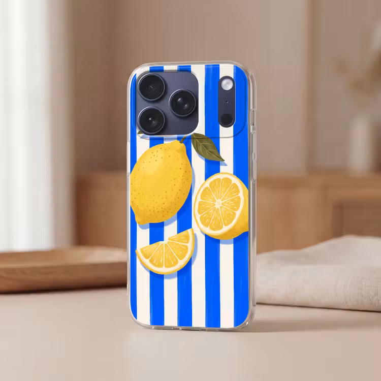 Fruit - Citroen - Zomer - Geel - Blauw Telefoonhoesje iPhone 17 Pro klein -sfeer2