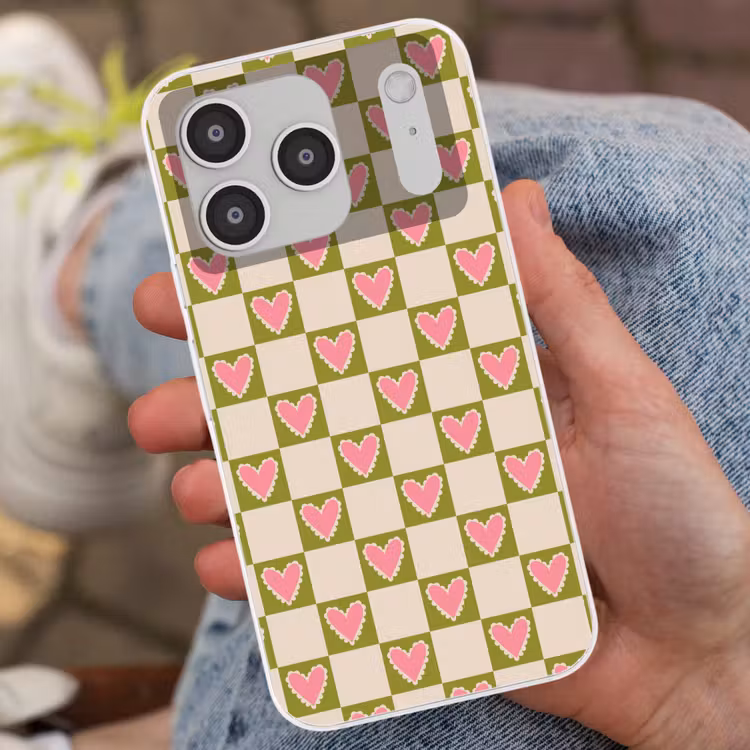 Olijfgroen - Hartjes - Patroon - Retro Telefoonhoesje iPhone 17 Pro klein 878 -sfeer2