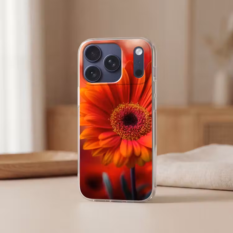 Oranje - Gerbera - Intens Telefoonhoesje iPhone 17 Pro klein -sfeer2