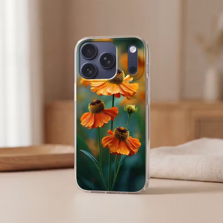 Oranje bloemen - Levendig - Wazige achtergrond Telefoonhoesje iPhone 17 Pro klein -sfeer2