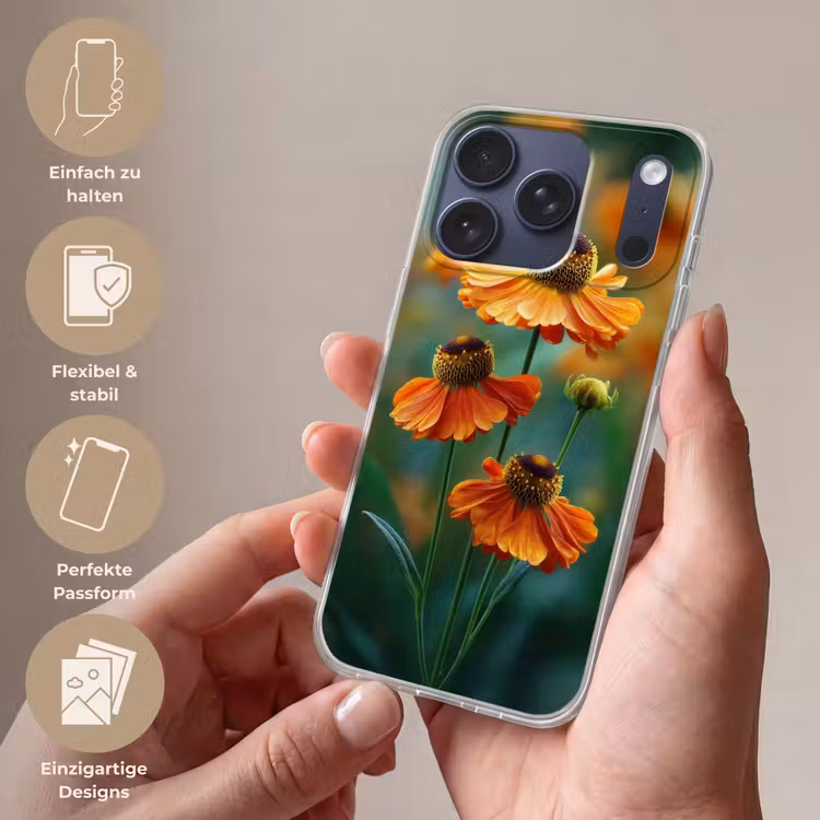 Oranje bloemen - Levendig - Wazige achtergrond Telefoonhoesje iPhone 17 Pro klein -sfeer3_DE