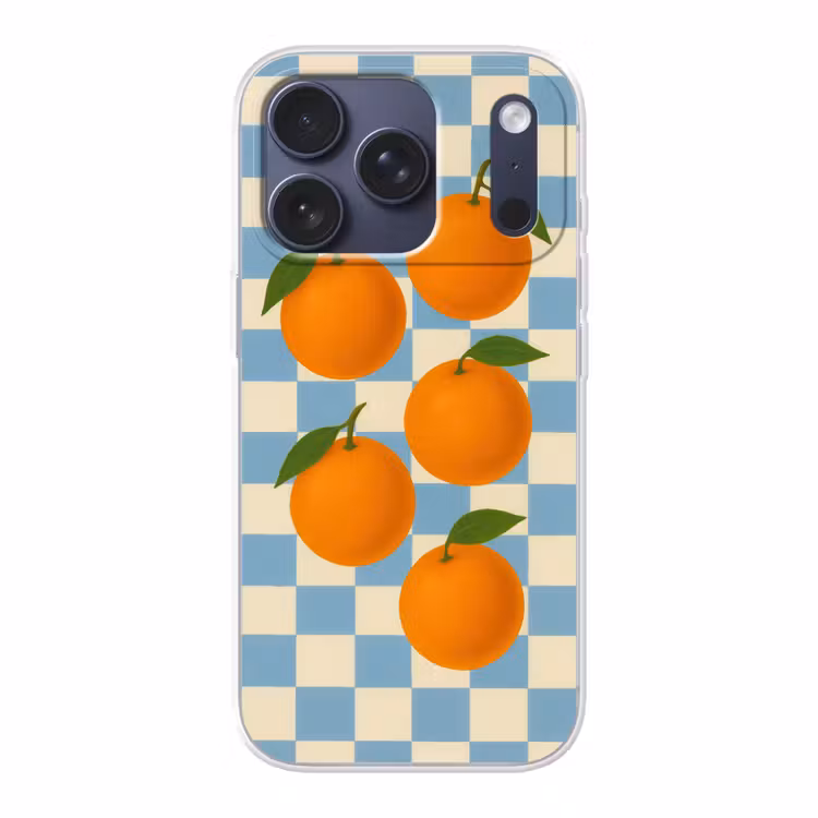 Sinaasappels - Blaadjes - Geblokt - Blauw Telefoonhoesje iPhone 17 Pro klein -3d