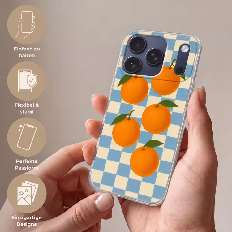 Sinaasappels - Blaadjes - Geblokt - Blauw Telefoonhoesje iPhone 17 Pro klein -sfeer3_DE