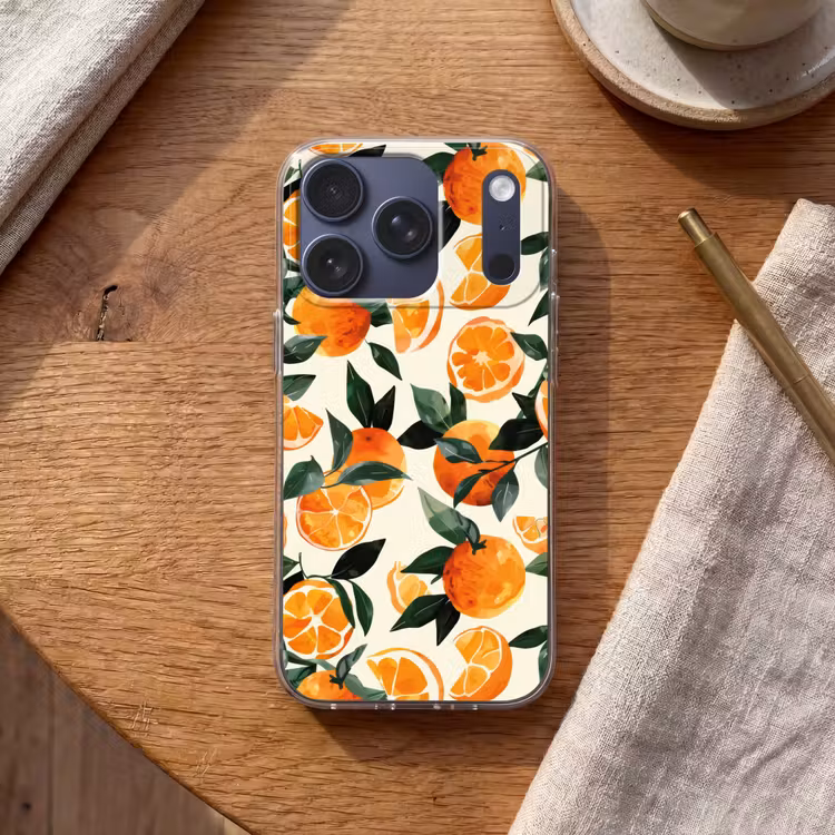Sinaasappels - Vruchten - Bladeren - Oranje - Groen - Beige Telefoonhoesje iPhone 17 Pro klein -sfeer1