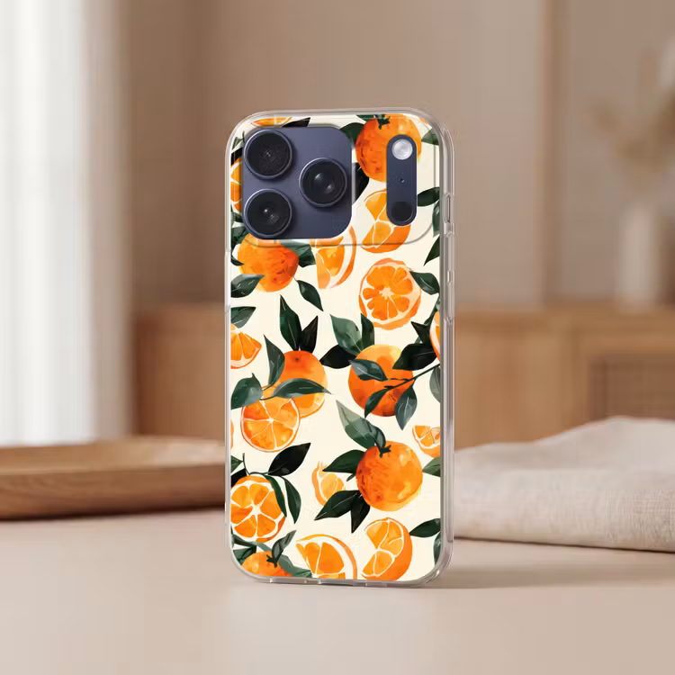 Sinaasappels - Vruchten - Bladeren - Oranje - Groen - Beige Telefoonhoesje iPhone 17 Pro klein -sfeer2