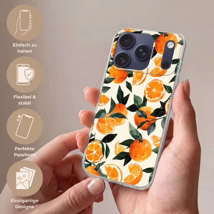 Sinaasappels - Vruchten - Bladeren - Oranje - Groen - Beige Telefoonhoesje iPhone 17 Pro klein -sfeer3_DE