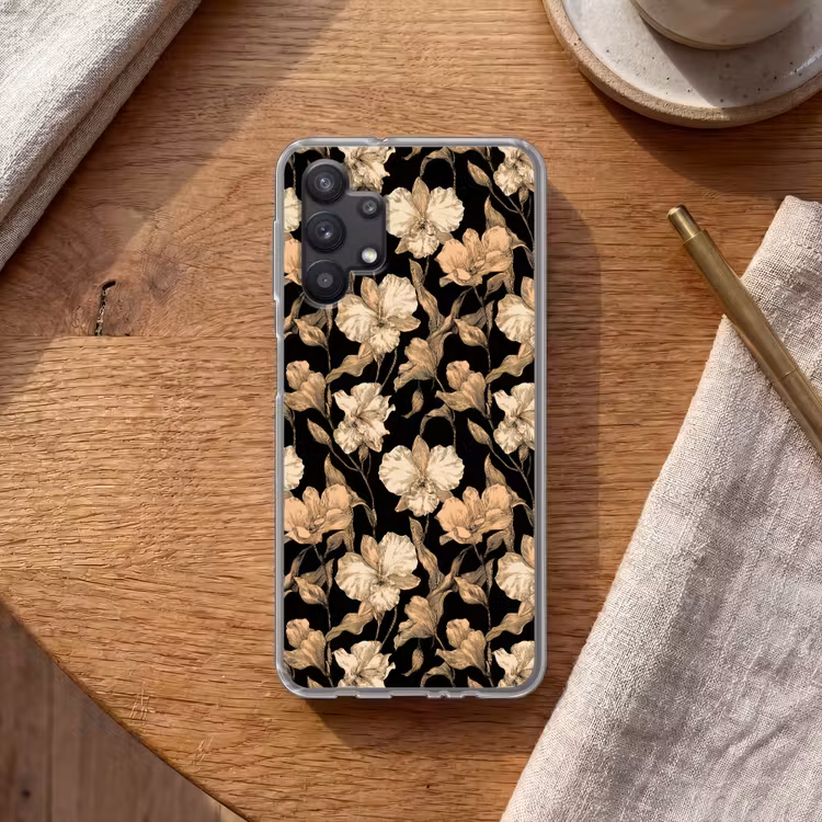 Orchideeën - Lijntekening - Patroon - Beige - Zwart Telefoonhoesje Samsung Galaxy A32 5G klein 346 -sfeer1