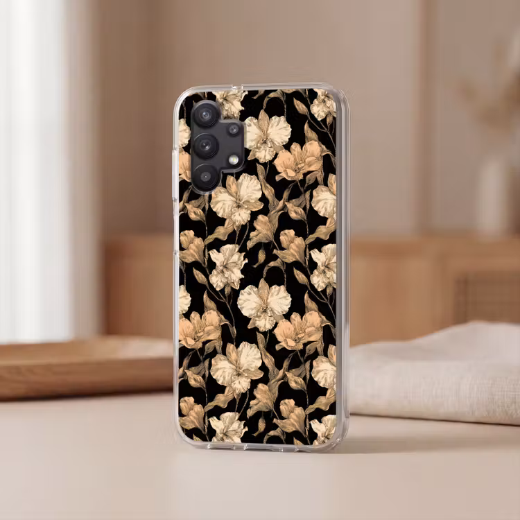Orchideeën - Lijntekening - Patroon - Beige - Zwart Telefoonhoesje Samsung Galaxy A32 5G klein 346 -sfeer2