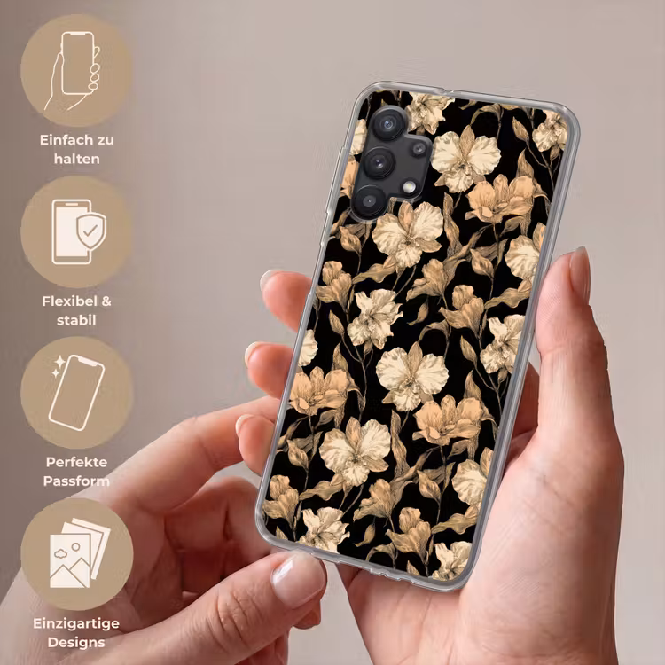 Orchideeën - Lijntekening - Patroon - Beige - Zwart Telefoonhoesje Samsung Galaxy A32 5G klein 346 -sfeer3_DE