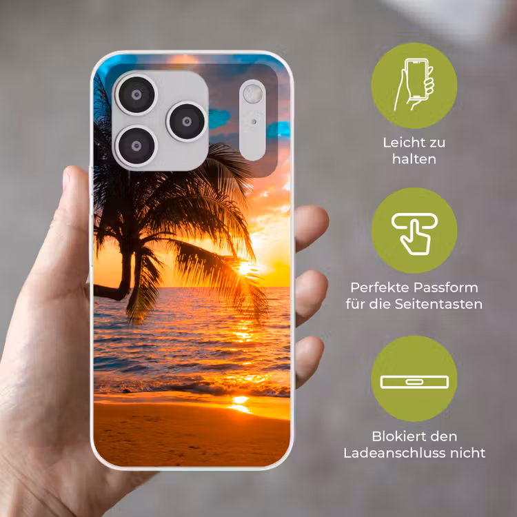 Palm - Zonsondergang - Horizon - Strand - Zee - Tropisch Telefoonhoesje iPhone 17 Pro klein -sfeer3_DE