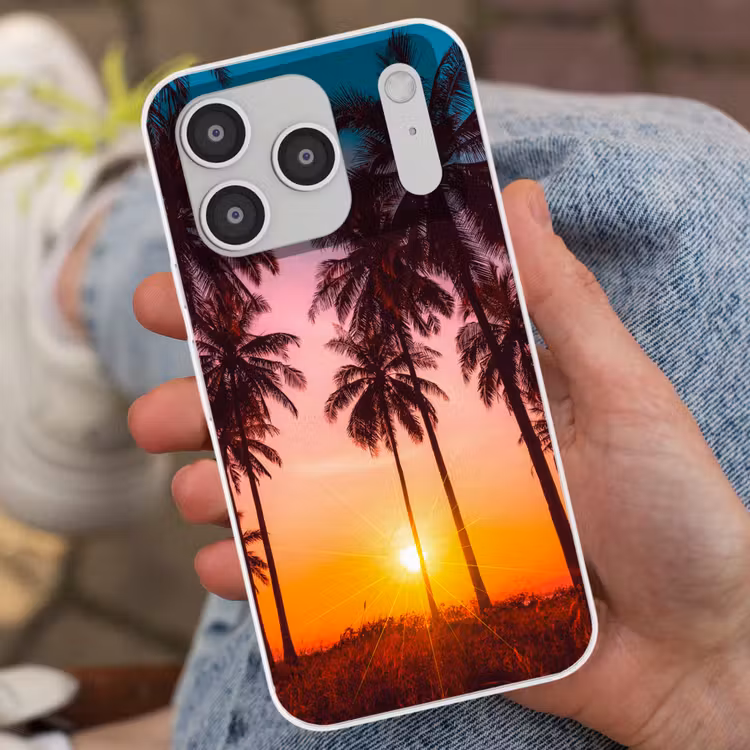 Palmboom - Zonsondergang - Horizon - Strand - Oranje - Roze Telefoonhoesje iPhone 17 Pro klein -sfeer2