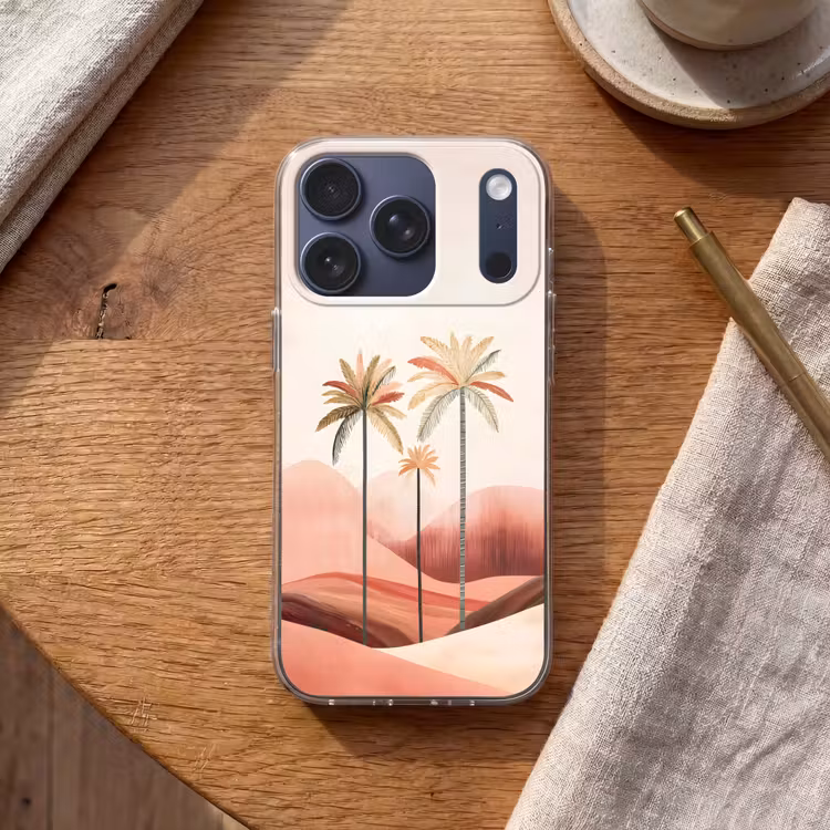Palmbomen - Heuvels - Minimalistisch - Zachtroze Telefoonhoesje iPhone 17 Pro klein -sfeer1