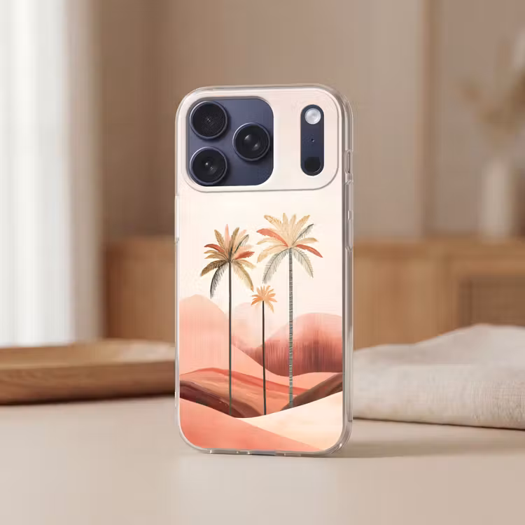 Palmbomen - Heuvels - Minimalistisch - Zachtroze Telefoonhoesje iPhone 17 Pro klein -sfeer2