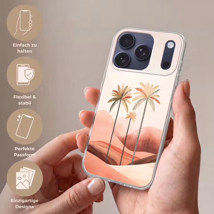 Palmbomen - Heuvels - Minimalistisch - Zachtroze Telefoonhoesje iPhone 17 Pro klein -sfeer3_DE