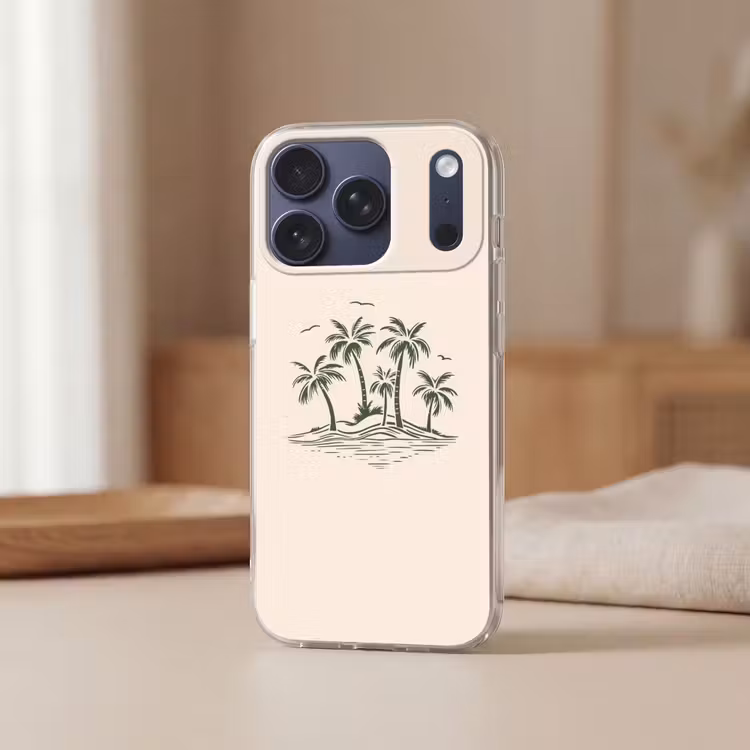 Palmbomen - Strand - Beige - Groen - Tropisch Telefoonhoesje iPhone 17 Pro klein -sfeer2