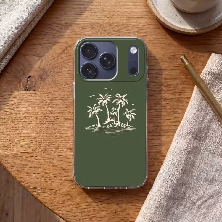 Palmbomen - Strand - Groen - Beige - Tropisch Telefoonhoesje iPhone 17 Pro klein -sfeer1