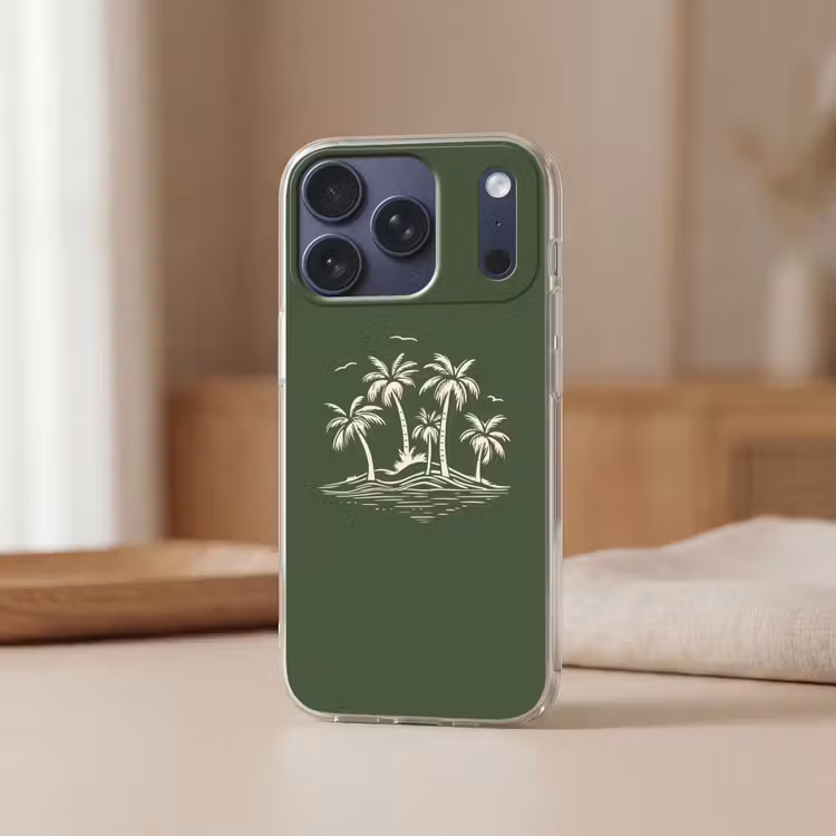 Palmbomen - Strand - Groen - Beige - Tropisch Telefoonhoesje iPhone 17 Pro klein -sfeer2
