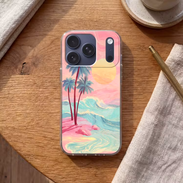 Palmbomen - Golven - Zee Telefoonhoesje iPhone 17 Pro klein -sfeer1