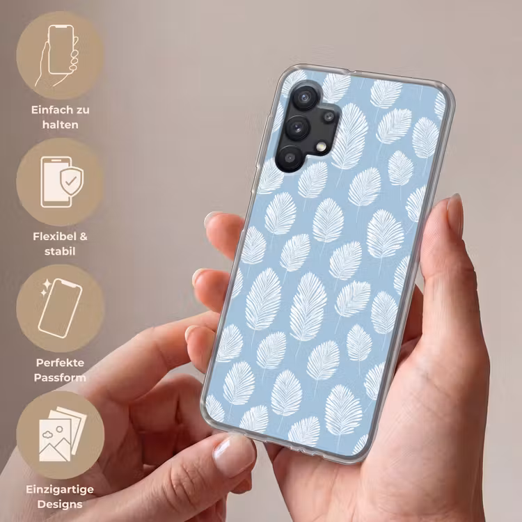 Palmbladeren - Naadloos - Patroon - Pastelblauw Telefoonhoesje Samsung Galaxy A32 5G klein 346 -sfeer3_DE