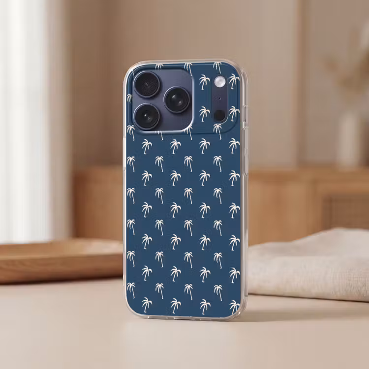 Palmboom patroon - Blauw - Beige - Zomer Telefoonhoesje iPhone 17 Pro klein -sfeer2