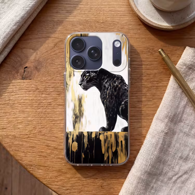 Panter - Zwart - Abstract - Goud Telefoonhoesje iPhone 17 Pro klein -sfeer1