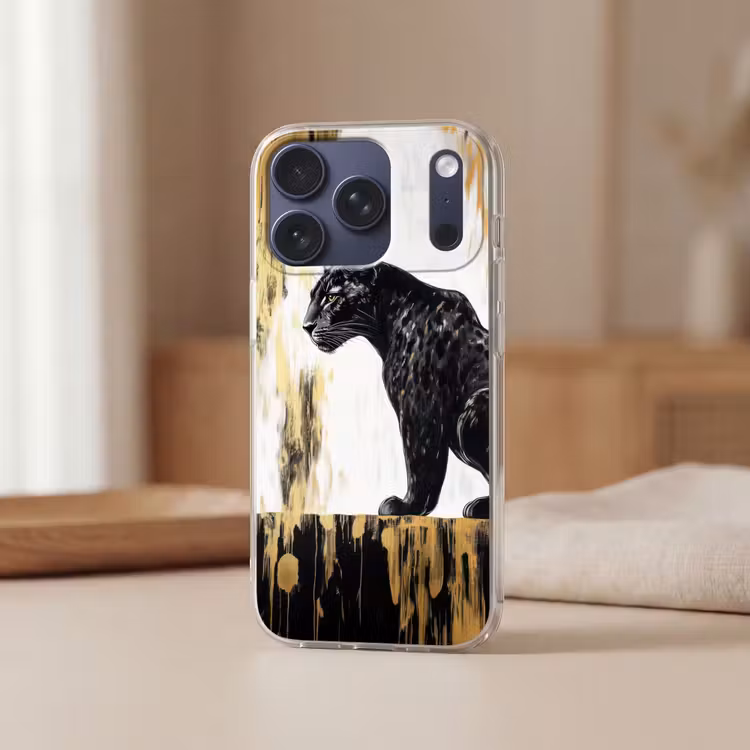 Panter - Zwart - Abstract - Goud Telefoonhoesje iPhone 17 Pro klein -sfeer2