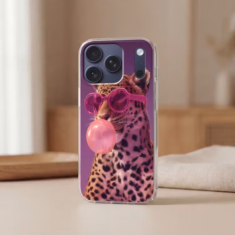 Panter - Zonnebril - Kauwgombel - Roze Telefoonhoesje iPhone 17 Pro klein -sfeer2