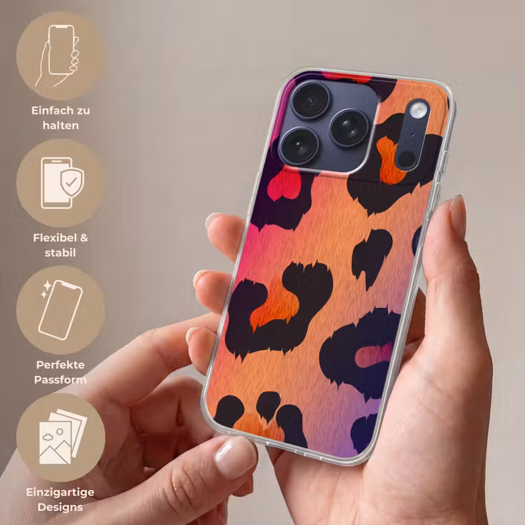 Panterprint - Roze - Paars - Oranje Telefoonhoesje iPhone 17 Pro klein -sfeer3_DE