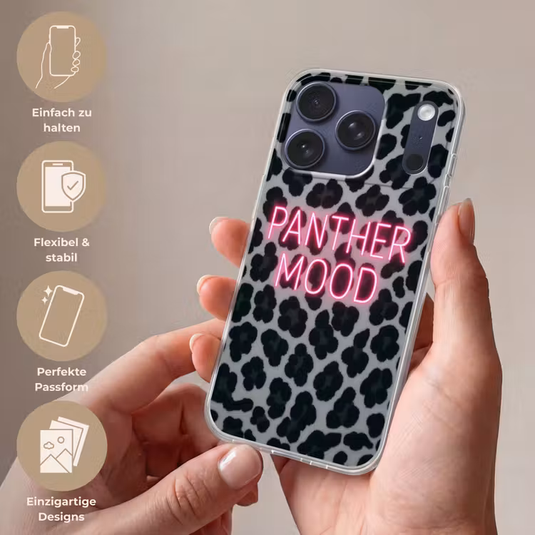 Panterprint - Zwart - Neonletters - Roze Telefoonhoesje iPhone 17 Pro klein -sfeer3_DE