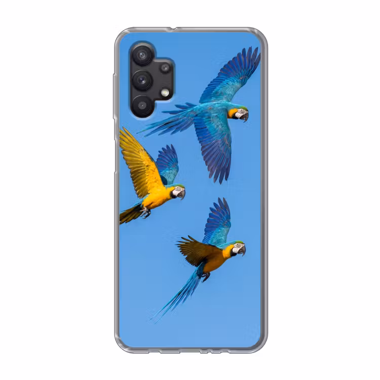 Papagaai - Vliegen - Blauw - Geel Telefoonhoesje Samsung Galaxy A32 5G klein -3d