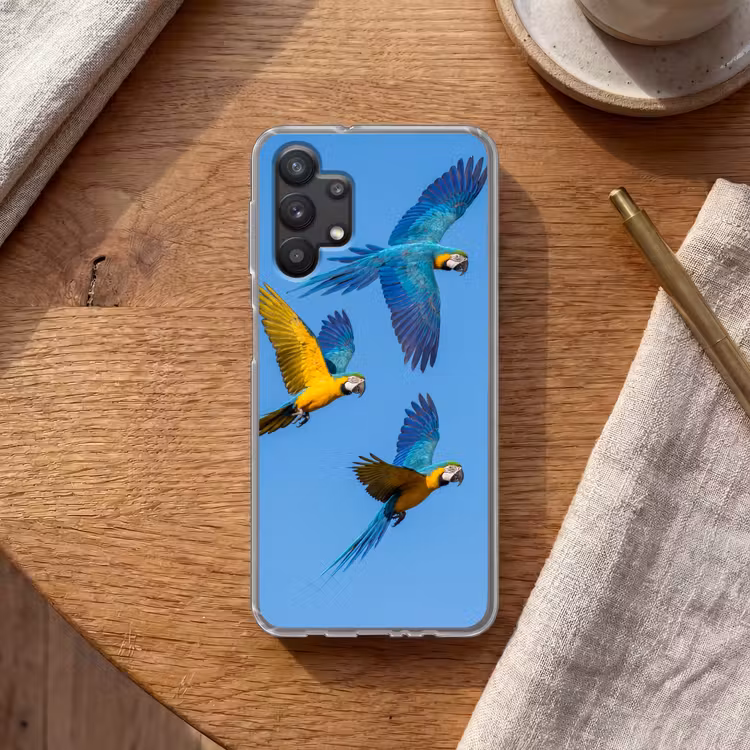 Papagaai - Vliegen - Blauw - Geel Telefoonhoesje Samsung Galaxy A32 5G klein -sfeer1