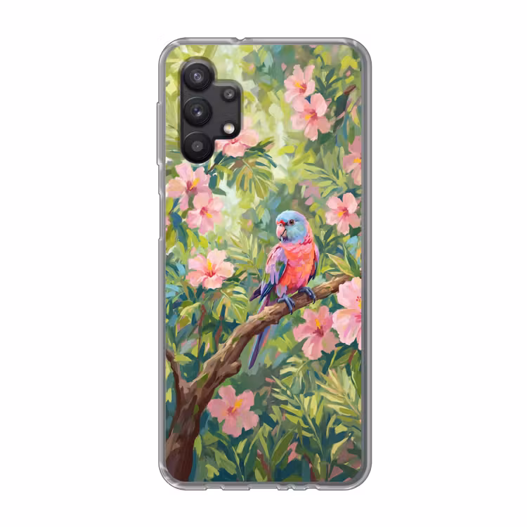 Papagaai - Hibiscusbloemen - Kleurrijk Telefoonhoesje Samsung Galaxy A32 5G klein -3d