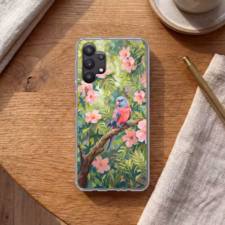Papagaai - Hibiscusbloemen - Kleurrijk Telefoonhoesje Samsung Galaxy A32 5G klein -sfeer1