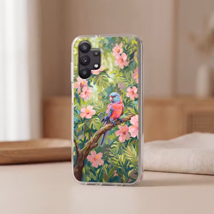 Papagaai - Hibiscusbloemen - Kleurrijk Telefoonhoesje Samsung Galaxy A32 5G klein -sfeer2