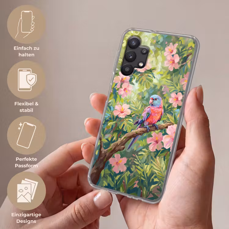 Papagaai - Hibiscusbloemen - Kleurrijk Telefoonhoesje Samsung Galaxy A32 5G klein -sfeer3_DE