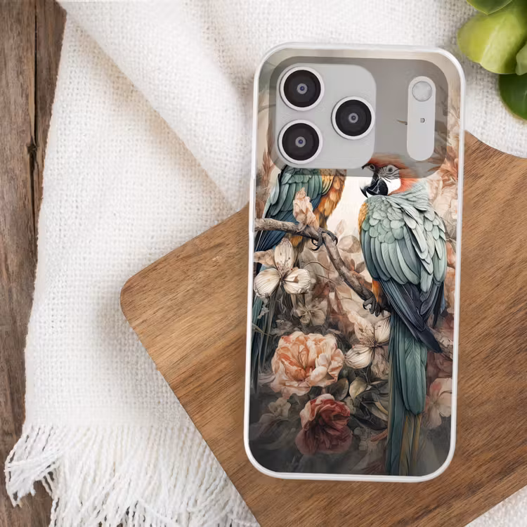 Papegaaien - Vogels - Natuur - Bloemen Telefoonhoesje iPhone 17 Pro klein -sfeer1