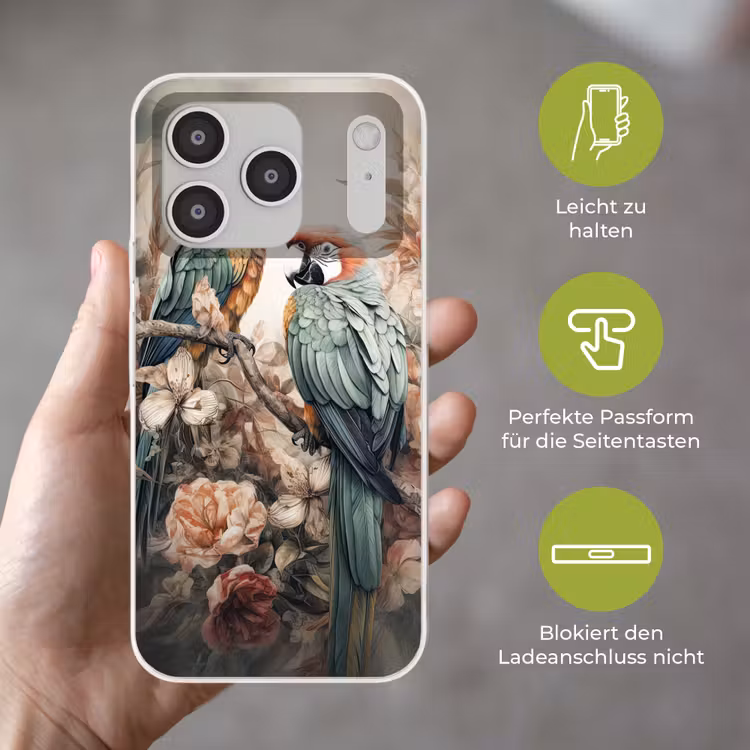 Papegaaien - Vogels - Natuur - Bloemen Telefoonhoesje iPhone 17 Pro klein -sfeer3_DE