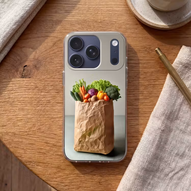 Papieren - Boodschappen - Groente - Kleurrijk Telefoonhoesje iPhone 17 Pro klein -sfeer1