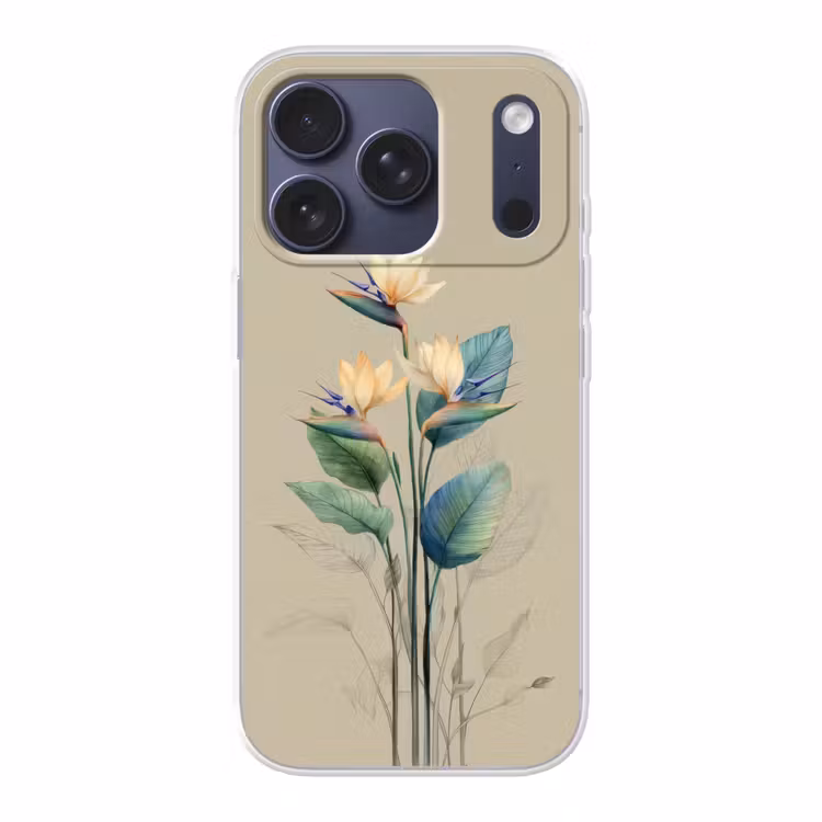Paradijsvogelbloemen - Blauwgroene bladeren - Beige Telefoonhoesje iPhone 17 Pro klein -3d