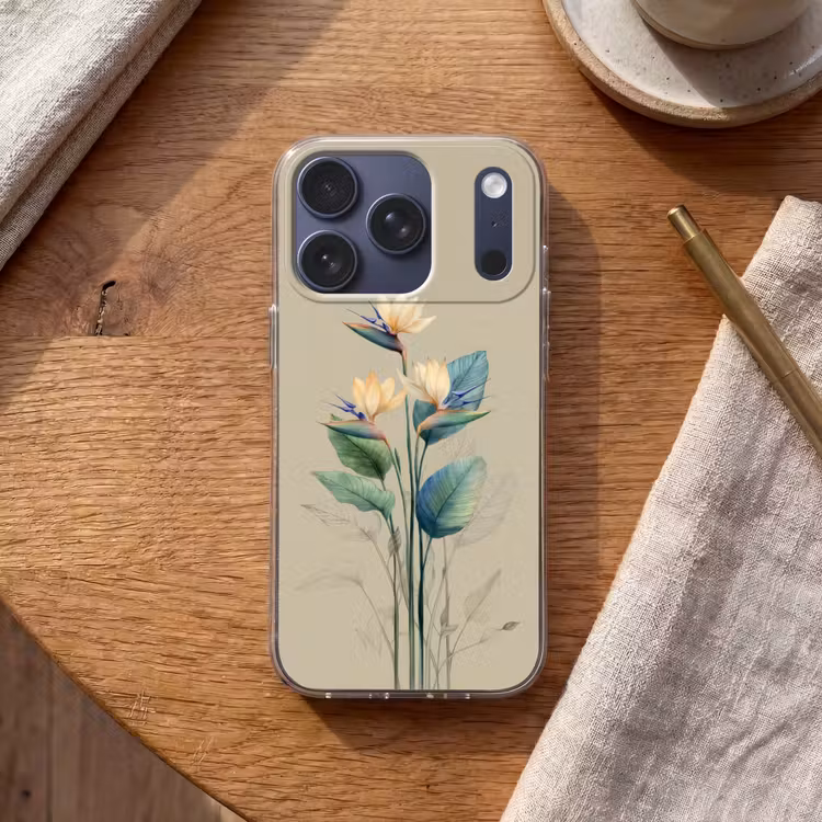Paradijsvogelbloemen - Blauwgroene bladeren - Beige Telefoonhoesje iPhone 17 Pro klein -sfeer1