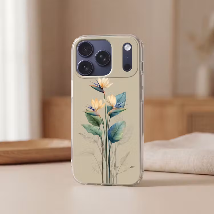 Paradijsvogelbloemen - Blauwgroene bladeren - Beige Telefoonhoesje iPhone 17 Pro klein -sfeer2