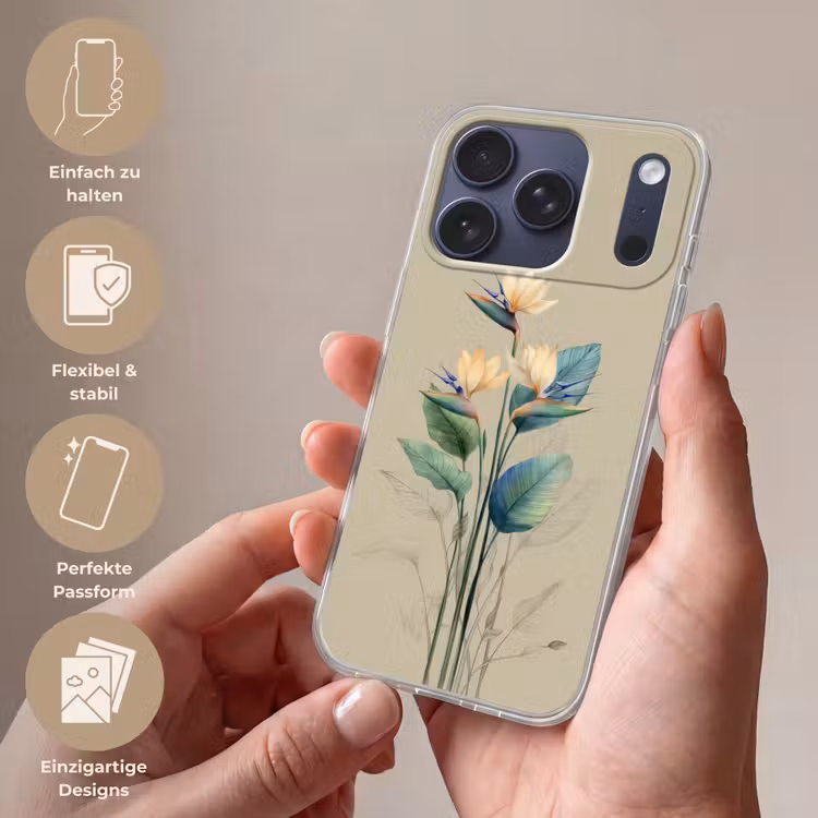 Paradijsvogelbloemen - Blauwgroene bladeren - Beige Telefoonhoesje iPhone 17 Pro klein -sfeer3_DE