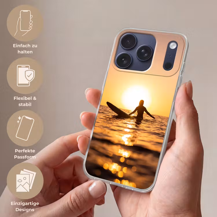 Persoon - Surfen - Zonsondergang - Zee - Oranje Telefoonhoesje iPhone 17 Pro klein -sfeer3_DE